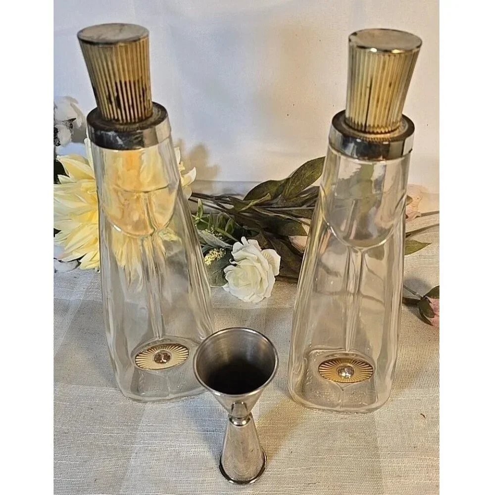 RARE 1956 Seagrams Glass Bar Decanter Bottle MCM Gold Starburst x2 Set